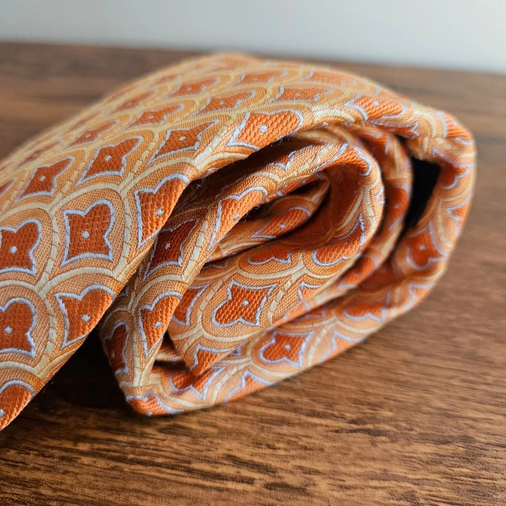 Ted Baker London Mens Orange Scalloped Ogee Jacquard Pattern Silk Necktie USA - Picture 5 of 7